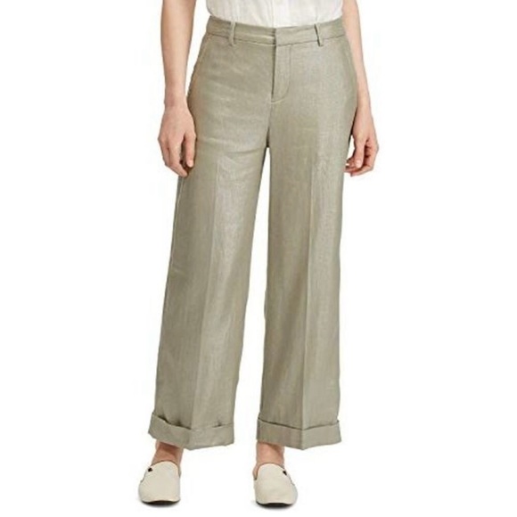 LAUREN RALPH LAUREN NWT Womens Larabeth Linen Metallic Wide Leg Pants Silver 12 - Picture 1 of 9